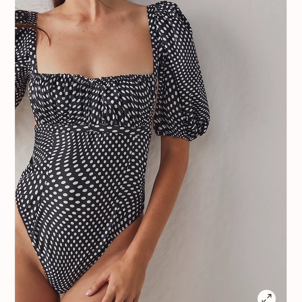 Free People Dany Bodysuit NWT XL Black Polka Dot Puff Sleeve Cutout - Picture 10 of 12
